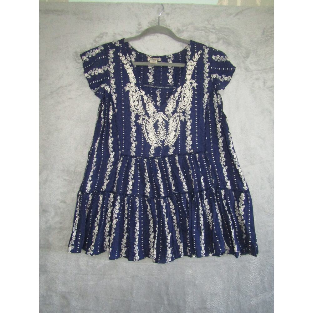 Lola P. Women's S Boho Embroidered Tunic Dress Blue White Rayon Short Sleeve Pea